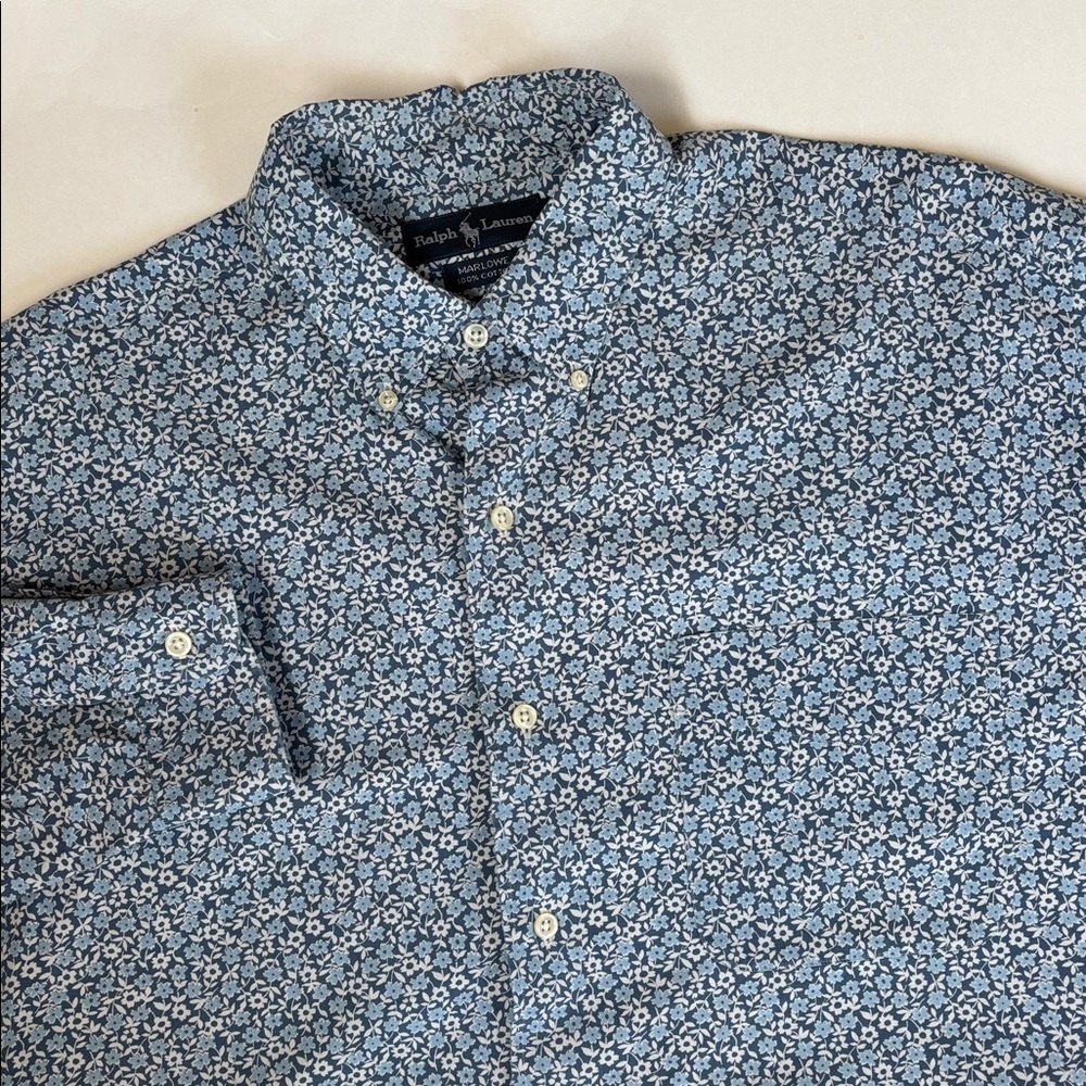 Vintage Ralph Lauren Marlowe Blue‎ Floral Pocket Long Sleeve Shirt Mens Large